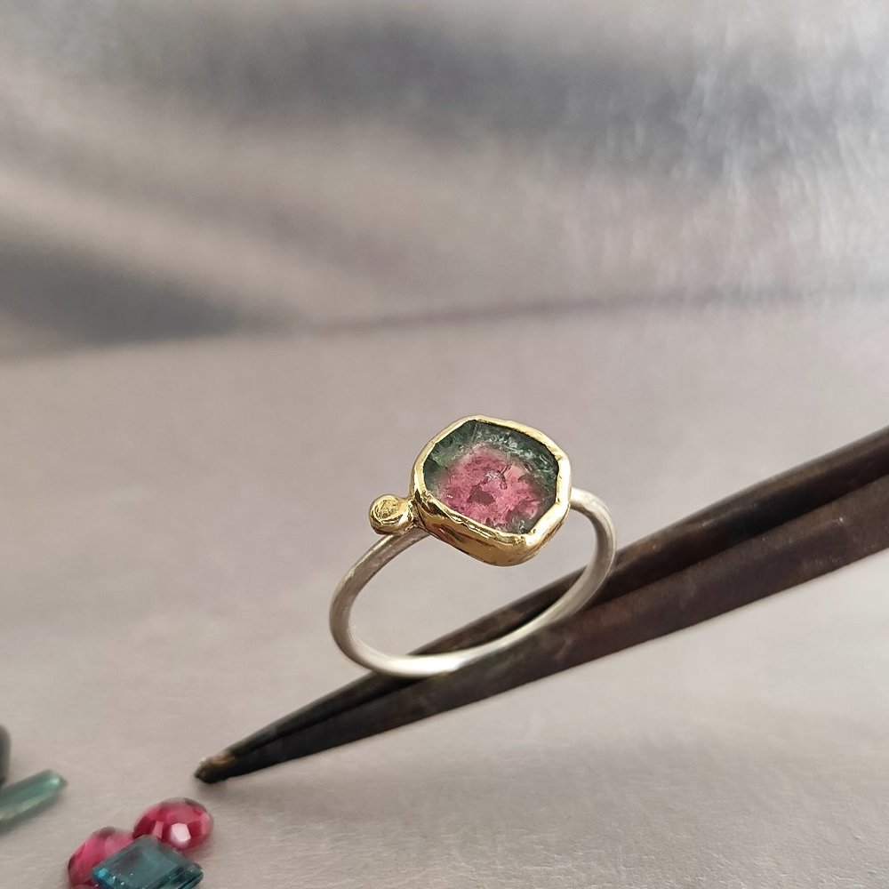 Tourmaline ring. Sterling silver and 14k Yellow gold ring with Tourmaline stone.